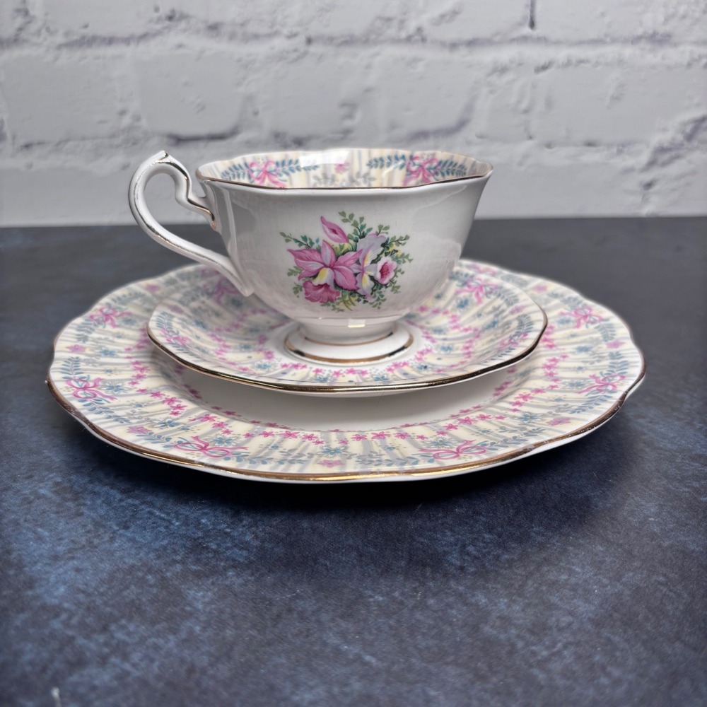 Vintage Queene Anne Royal Bridal Gown Orchid Bow Tea Trio Set
